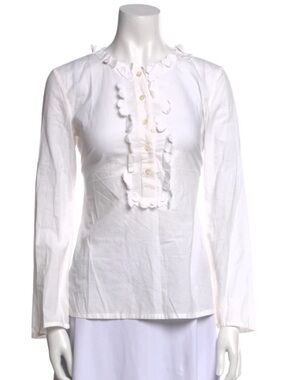 Tara Jarmon White Ruffle-Front Long Sleeve Women's Blouse